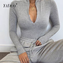 YiDuo Long Sleeve Front Zipper V Neck Women Sexy Body Top Jumpsuit 2021 Spring Stretchy Casual Bodysuit Streetwear Black Grey 2024 - buy cheap