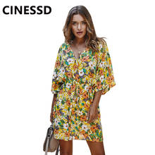 Cinessd vestido boêmio com estampa floral, feminino, gola v, meia manga, renda, estilo single-breasted, primavera, verão, casual, vestidos curtos 2024 - compre barato