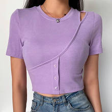 Women Hollow Out T-Shirts Button Design Summer Crop Top Short Sleeve T-Shirt Slim Purple Tee O Neck Casual Tops ropa de mujer 2024 - buy cheap