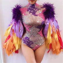 Multi-color Rhinestones Ribbon Fringes Bodysuit Birthday Celebrate Prom Outfit Bar Women Singer Dancer Costume Outfit 2024 - buy cheap