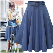 Women Summer Skirts High Waist Knee-Length Denim Pleated Skirt  Preppy Style Dark Blue Light Blue Solid Color for Girls 2024 - buy cheap