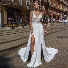 2021 Sexy Chiffon Wedding Dresses Deep V Neck Spaghetti Straps Lace Appliques Off Shoulder High Slit Sleeveless Vestido De Noiva 2024 - buy cheap