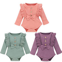 Free Shipping   Newborn  Baby Girls Autumn  Solid-Color Round-Neck Ruffle Long-Sleeves Rompers with Bowknot 2024 - buy cheap