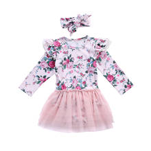Комплект одежды для новорожденных и маленьких девочек, кружевное платье-пачка с цветочным принтом и рукавами-крылышками, одежда + повязка на голову, комплект одежды 2024 - купить недорого