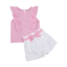 Conjunto de roupa infantil para crianças de 0 a 5 anos, camiseta e short branco com alça plissadas, rosa, estampa em xadrez, sem mangas, 2021 2024 - compre barato