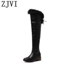 ZJVI-Botas de nieve por encima de la rodilla para mujer, zapatos cálidos con plataforma de 4cm de tacón cuadrado, altos hasta el muslo, color negro, 2021 2024 - compra barato