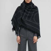 Черный серый шерстяной шарф большой пашмины геометрический принт бахрома большая шаль теплая женщина 2019 2024 - купить недорого