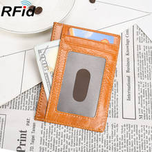 RFID Genuine Leather Easy Push Business Card Holder Men's Wax Oil Vintage Flat Wide Plus Size id card Wallet Clear Wndow Case 2024 - buy cheap