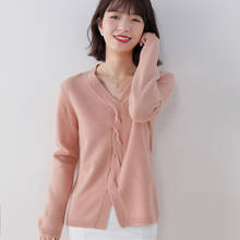 Suéter feminino de lã pura, pulôver caxemira com decote em v e tricô 2024 - compre barato