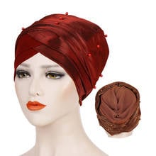 Sombrero liso de India para mujer, turbante elástico musulmán con perlas, gorro de quimio, bufanda para la pérdida de cabello, Hijib, turbantes 2024 - compra barato