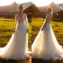 2021 New Wedding Dresses V Neck Long Sleeves Lace Appliques Bridal Gowns Custom Made Backless Sweep Train A Line Wedding Dress 2024 - buy cheap