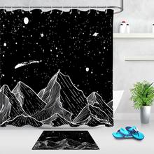 Cortina de chuveiro de poliéster, preto e branco, estampa de desenho animado estrelado, montanhas, forro, antiderrapante 2024 - compre barato