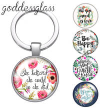 Flowers letters WordArt Happy love bloom Round glass cabochon keychain Bag Car key chain Ring Holder Charms keychains gift 2024 - buy cheap