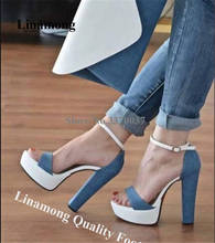 Linamong-Sandalias de tacón grueso con plataforma alta para mujer, zapatos con punta abierta de retales, de colores mixtos, azul y blanco, novedad 2024 - compra barato