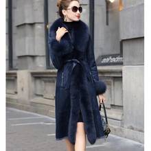 Женское зимнее длинное пальто с поясом, Воротник из натурального Лисьего меха 2024 - купить недорого