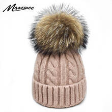 Kids Women Real Fur Pompon Beanies Hat Winter Wool Crochet Knitted Hat Fashion Natural Fur Pom Pom Female Soft Solid Warm Beanie 2024 - buy cheap