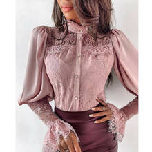 2020 Newest Hot Women Lace Patchwork Long Sleeve Button Down Shirt Sexy OL Solid Color Floral Loose Lapel Blouse Shirt Tops 2024 - buy cheap