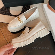 Shiny White Leather Metal Chain Decoration Platform Loafers Genuine Leather Round Toe Women's Fashion All-season Flat Shoes 2024 - buy cheap