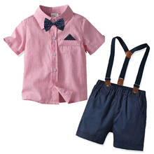 Conjunto para meninos, roupas fashion de verão para crianças, conjunto de festa de cavalheiro, camisa curta rosa + shorts 2024 - compre barato
