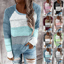 Женский вязаный свитер в полоску, повседневный пуловер в стиле пэчворк с круглым вырезом и длинными рукавами, осенне-зимний джемпер 2024 - купить недорого
