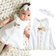 Baby Summer Clothing Infant Newborn Baby Girl Lace Dress Sleeveless Bowknot Rib Solid White Dresses Headband 2024 - buy cheap