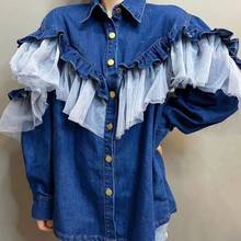 Women Blouse Novelty 2021 Denim Shirt Ladies Long Sleeve Ruffles Mesh Women's Elegant Blouse Sweet Blue Lapel Tops Blue XC213 2024 - buy cheap
