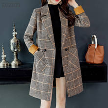 LUZUZI 2019 Autumn Winter Wool Women Plaid Pockets Blends Long Coats Fashion Brand Lady Slim Lapel Long Sleeve Blends Sexy 2024 - buy cheap