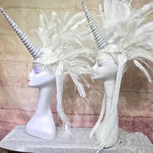Cantante de dj sexy para mujer, trajes de baile de salón, sombreros de unicornio, pasarela de plumas, modelo de espectáculo de escenario, tocado de Capricornio 2024 - compra barato