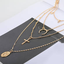 Bohemian Vintage Multi-layer Jesus Cross Necklace Women's Gold Crescent Moon Wafer Pendant Chain Fashion Party Jewelry Gifts 2024 - buy cheap