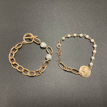 SRCOI Metal Coin Imitation Pearls Link Chain Bracelet Human Head Pattern Round Geometric Ethnic Bracelet Pendant Women Weddding 2024 - buy cheap