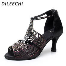 DILEECHI women satin Latin dancing shoes Black color Red skin high-grade bottom Salsa Party Ballroom dance shoes heel 7.5cm 2024 - buy cheap