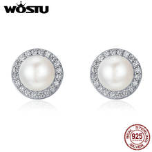 WOSTU 925 Sterling Silver Classic Round Sparking CZ Freshwater Pearl Stud Earrings For Women Luxury Original Jewelry CQE122 2024 - buy cheap