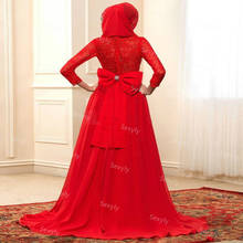 Elegante vestido de noche rojo islámico, musulmán, con manga, línea A, gasa de encaje, árabe, con lazo grande, ropa de boda elegante 2024 - compra barato