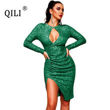 QILI Autumn wintet Sequined Dress Full Sleeve Open Bust Hollow Out Pleated Slim Waist Dresses Paty Club Dress for Women 2024 - buy cheap