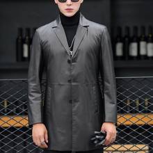 Luxury Business Man Long Cowhide Genuine Leather Jacket Slim Fit Single Breasted Trench Coat Office Man Windbreaker Outwear Coat 2024 - buy cheap