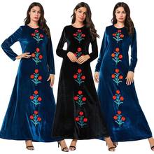 Новое арабское женское бархатное платье, мусульманский кафтан, Дубайский халат, длинный рукав, вышивка, повседневные свободные мусульманские платья, платья 2024 - купить недорого