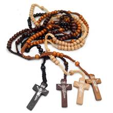 New Brown Black Wooden Beads Handmade Cross Pendant Necklace For Men Woman Catholic Rosary Necklaces Religious Jewelry 2024 - buy cheap