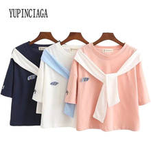 Women's Letter Embroidery Cotton T Shirts Short Sleeve O-Neck Cotton T Shirt With Scarf Sweet Style Cute Tracksuit Pullovers 2024 - buy cheap