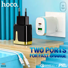 hoco зарядное устройство для PD QC3.0 18Вт быстрая зарядка зарядный адаптер два USB Type-C USB-C 18W штекер EU вилка для iPhone Samsung Xiaomi набор с кабелем юсби си тайп си сетевой зарядник провод шнурок комплект