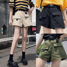Shorts feminino com bolsos, unissex, cintura alta, estilo safari, solto, simples, casual 2024 - compre barato