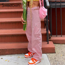 Sweetown rosa baggy perna larga calças femininas grande bolso retalhos carga calças streetwear casual cintura cortar calças retas novo 2024 - compre barato
