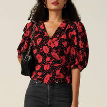 Blusa de verão feminina, blusa de lapela gola v com abotoamento na cintura, elegante, manga bufante, estampa floral vintage, tops roupas, 1/2 2024 - compre barato