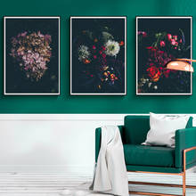 Nórdico moderno pintura da lona fundo escuro flores poster parede arte fotos para sala de estar quarto sala jantar estúdio 2024 - compre barato