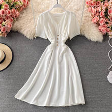 Vestido francês vintage para mulheres, vestido de verão branco com decote em v, manga curta, cintura alta, elegante, midi, vestido de verão 2021 2024 - compre barato