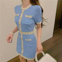 Korean Summer Knitted Dress Vintage Bodycon Mini Sexy Dress Party Elegant Black Pink Blue Button Dress vestidos 2024 - buy cheap