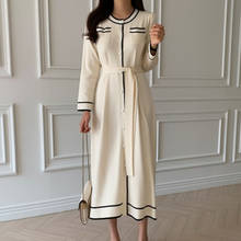 Vestido de camisola de malha vintage feminino 2021 novo estilo coreano outono inverno vestidos casuais elegante vestido longo com cinto 2024 - compre barato