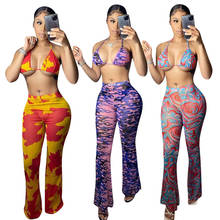 2021 Women Pants 2 Piece Set Outfits Strap Fashion Printed Lady Halter Bra Tops + High Waist Skinny Flare Pant Hottest Summer 2024 - buy cheap