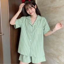 Summer cotton pijamas women fresh striped short-sleeved shorts pajamas suit girl's home wear Korean casual female pyjamas set 2024 - buy cheap