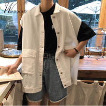 Coreano casual branco jeans colete schoolgirl 2021 nova moda streetwear denim jaquetas lapela único breasted outwear cardigan feminino 2024 - compre barato