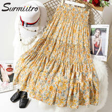 SURMIITRO 2021 Spring Summer Long Pleated Skirt Women Elegant Korean Style Yellow Floral Aesthetic High Waist Midi Skirt Female 2024 - купить недорого